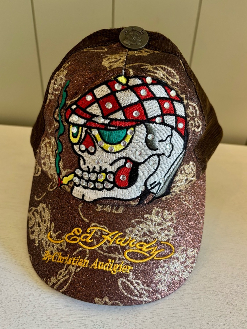 VTG Y2K Don Ed Hardy Trucker Hat Cap SnapBack Brown Skull Rhinestone Glitter